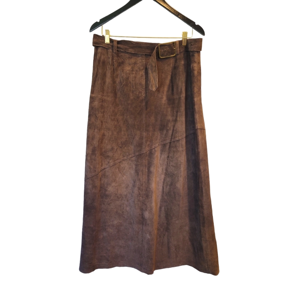 Margaret Godfrey | Suede Leather A Line Midi Skirt Brown